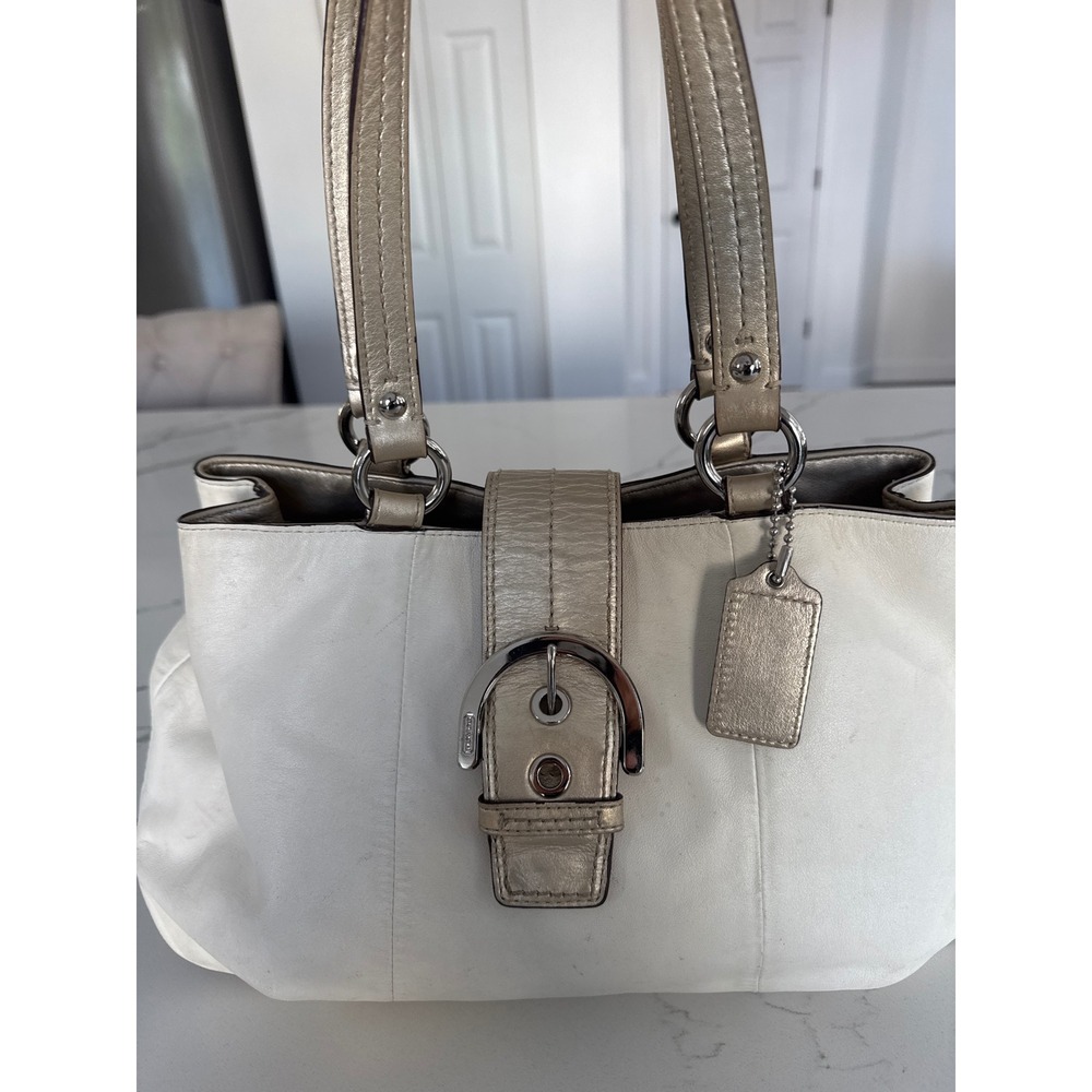 Coach Soho White Leather Metallic Gold Trim Buckle Shoulder Bag Satchel